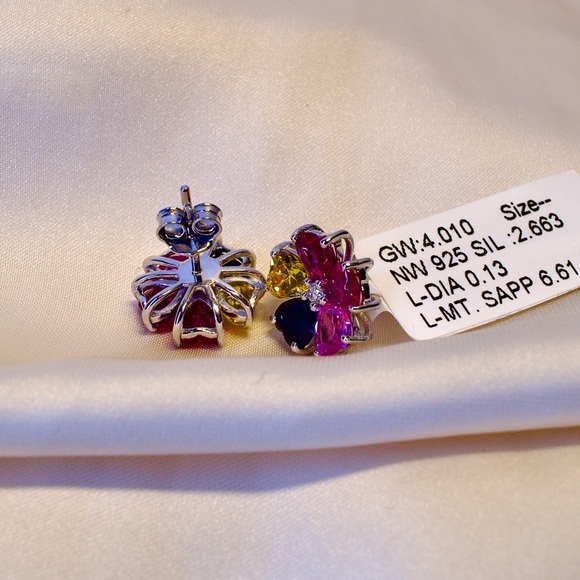 925 Silver Geometric Multi-Color Earrings | 6.61 CT Lab Sapphire+0.13 CT Diamond - Picture 6 of 11